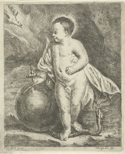 Christuskind met wereldbol en slang door Guillaume Pierre Mensaert