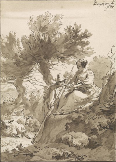 Landschap met herder en herderin en hun schapen door Guillaume Saint
