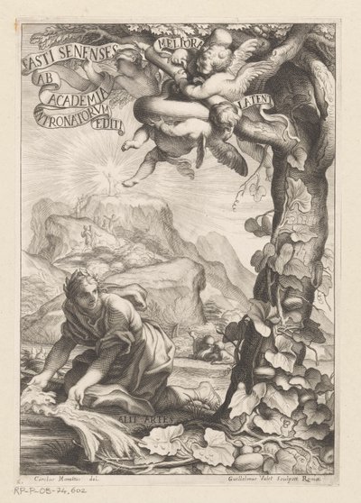 Allegorische voorstelling van een gelauwerde vrouw die een kalebasboom water geeft; op de achtergrond bestijgen figuren een berg. Titelpagina voor: Giovanni Baptista Ferrari, Fasti Senenses, Ab Academia Intronatorum Editi, 1661 door Guillaume Vallet