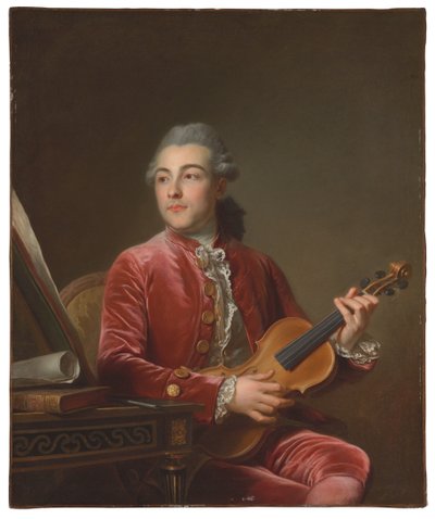 Portret van een heer, halflang, zittend in een rood fluwelen jasje met een viool door Guillaume Voiriot