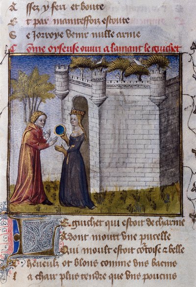 Een galante scène tussen twee geliefden: het meisje nodigt haar minnaar uit om binnen te komen. Miniatuur uit "Le Romanesque de la Rose" door Guillaume de Lorris door Guillaume de Lorris