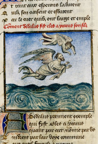 Dedalus en Icarus. Om aan Minos te ontsnappen, spoort Dedalus zijn zoon Icarus aan om weg te vliegen met zijn wasvleugels. Miniatuur door Guillaume Lorris uit het manuscript 