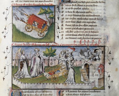 Hoe Venus arriveert en het kasteel bestormt dat door jaloezie is gebouwd, Miniatuur door Guillaume Lorris uit het manuscript Le Romanesque de la Rose door Guillaume de Lorris