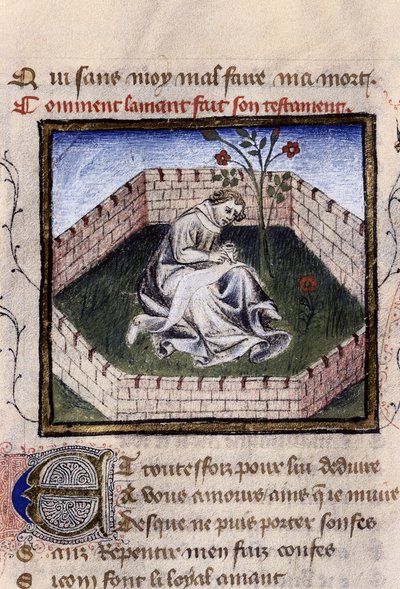Voorstelling van een jonge jongen verliefd in de tuin der genoegens die de fontein van Narcissus ontdekt, miniatuur in 