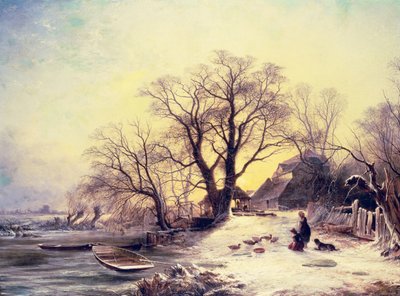 Figuren buiten een huisje in de winter door Gustaf Fredrik Rydberg