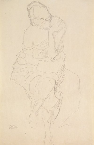 Zittend op een kruk van voren door Gustav Klimt