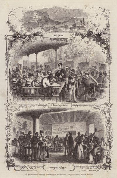 Peterstiftkeller en Klosterbraustubl, bierhallen in Salzburg, Oostenrijk door Gustav (after) Sundblad