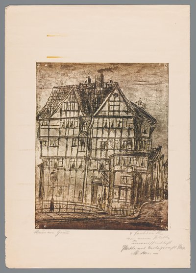 Reproductie van een prent of tekening met gezicht op een oud huis, mogelijk te Greiz in Duitsland door Gustav Digel (signed by artist)
