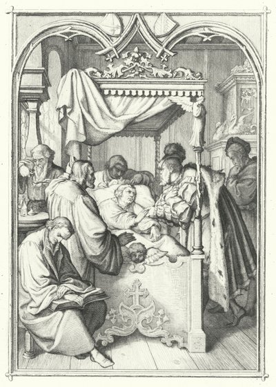 Johannes, keurvorst van Saksen, bezoekt Maarten Luther in het ziekenhuis (gravure) door Gustav Ferdinand Leopold Konig
