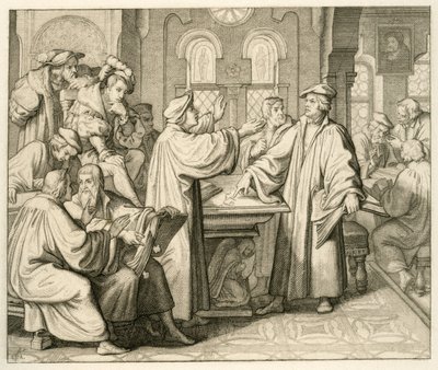 Luther en Ulrich Zwingli (1494-1531) discussiëren over het sacrament en komen niet tot overeenstemming, in Marburg 1529 door Gustav Ferdinand Leopold Konig