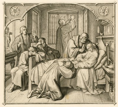 Luthers vriend Philipp Melanchthon (1497-1560) is erg ziek en daarom bidt Luther voor herstel door Gustav Ferdinand Leopold Konig