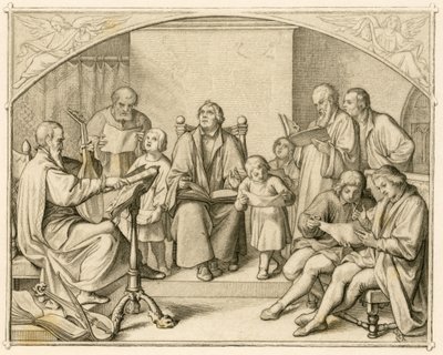 Luthers introductie van Duitse protestantse religieuze hymnen samen met zijn kinderen en vrienden onder leiding van Johannes Walther (1496-1570) door Gustav Ferdinand Leopold Konig