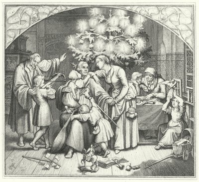 Maarten Luther en zijn familie genieten van het feestseizoen (gravure) door Gustav Ferdinand Leopold Konig
