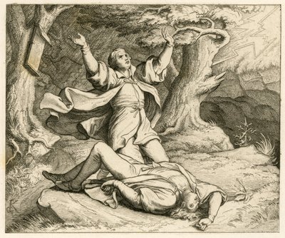 Maarten Luther en zijn vriend Alexis (misschien was dat zijn naam) gingen wandelen en er was een onweersbui. Alexis werd door de bliksem getroffen en stierf door Gustav Ferdinand Leopold Konig