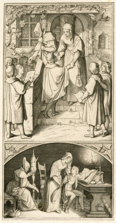 Maarten Luther als schooljongen, hij zingt voor de deur van Ursula Cotta in Eisenach voor een beetje brood. In dit huis zal hij pijp en luit leren spelen, aldus de originele tekst door Gustav Ferdinand Leopold Konig