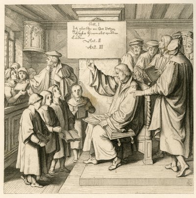 Maarten Luther op school met veel kinderen, omdat de godsdienstlessen erg belangrijk voor hem zijn, rechts enkele leraren door Gustav Ferdinand Leopold Konig