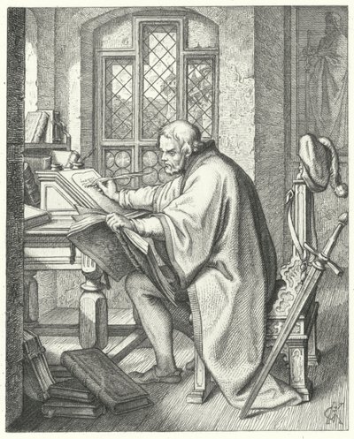 Maarten Luther begint de vertaling van de Bijbel in kasteel Wartburg (gravure) door Gustav Ferdinand Leopold Konig