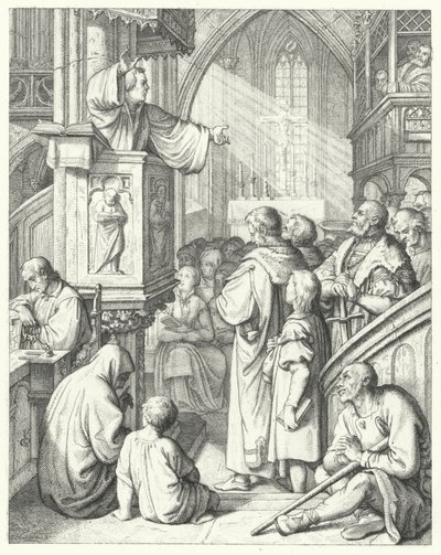 Maarten Luther houdt een preek (gravure) door Gustav Ferdinand Leopold Konig