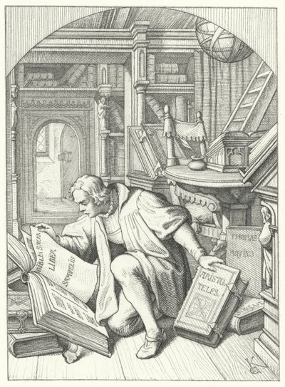 Maarten Luther ontdekt een Latijnse Bijbel in de bibliotheek van de Universiteit van Erfurt (gravure) door Gustav Ferdinand Leopold Konig