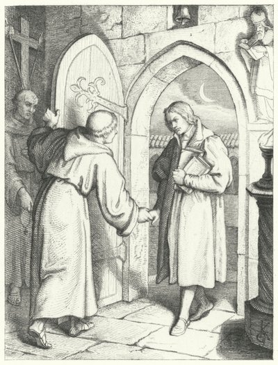 Maarten Luther betreedt het Augustijnenklooster in Erfurt op 17 juli 1505 door Gustav Ferdinand Leopold Konig