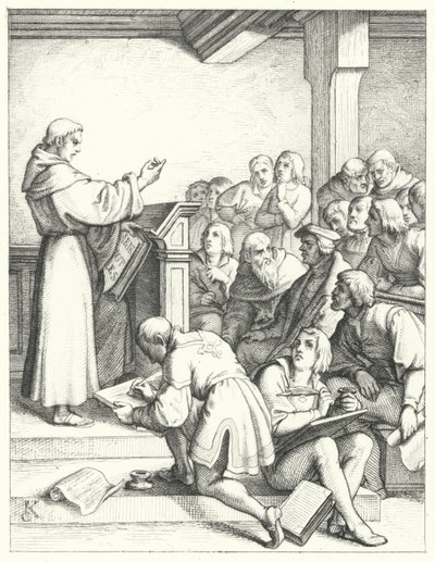 Maarten Luther in een filosofie- en theologiecollege voor zijn bachelordiploma door Gustav Ferdinand Leopold Konig