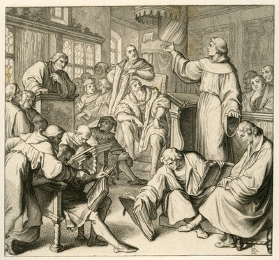 Maarten Luther in discussie met Dr. Johannes Eck (Johann Maier von Eck) (1486-1543), aan de kant van Luther staan Philipp Melanchthon (1497-1560) en Karlstadt (Andreas Rudolf Bodenstein von Karlstadt) door Gustav Ferdinand Leopold Konig
