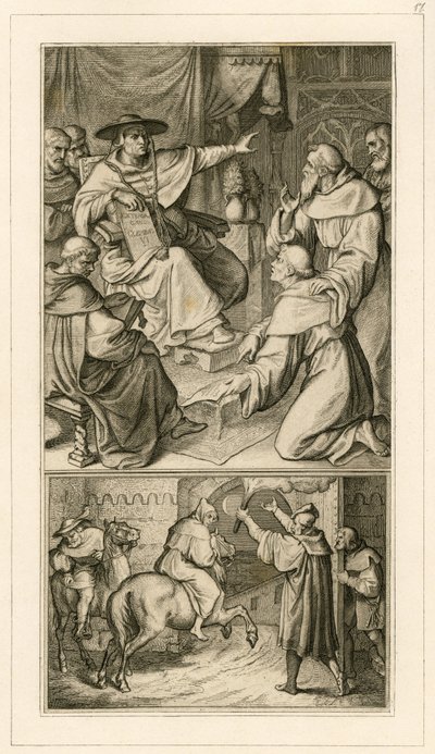 Maarten Luther in discussie met kardinaal Cajetan, Luther moet zijn geschriften herroepen, naast hem zijn vriend Staupitz door Gustav Ferdinand Leopold Konig
