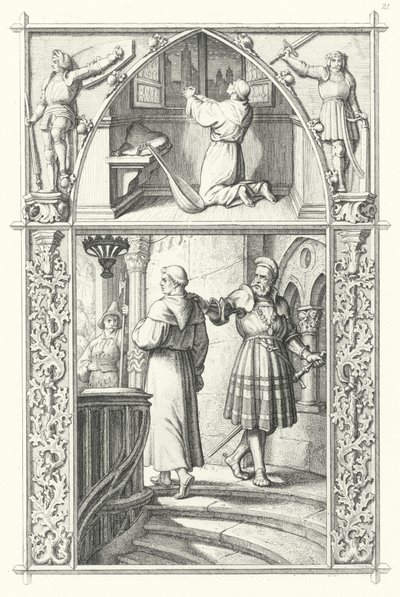 Maarten Luther in gebed ter voorbereiding op de Rijksdag van Worms (boven). Georg von Frundsberg geeft Maarten Luther aanmoediging (onder) (gravure) door Gustav Ferdinand Leopold Konig