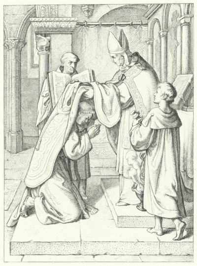Maarten Luther wordt tot priester gewijd door Jerome Scultetus, bisschop van Brandenburg in de kathedraal van Erfurt, 3 april 1507 door Gustav Ferdinand Leopold Konig