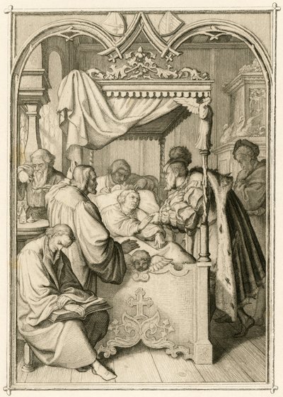 Maarten Luther is erg ziek, de keurvorst Johann Friedrich (Johann Frederic I van Saksen) door Gustav Ferdinand Leopold Konig