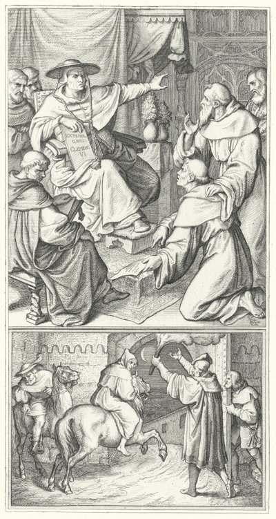 Maarten Luther verlaat de pauselijke legaat in Wittenberg, Thomas Cajetan (boven). Maarten Luther verlaat de stad Augsburg (onder) (gravure) door Gustav Ferdinand Leopold Konig
