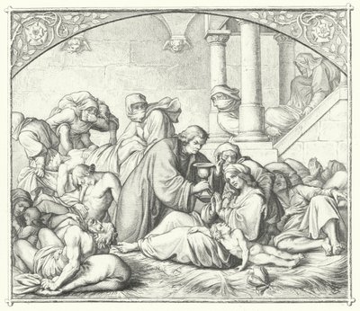 Maarten Luther biedt troost aan pestlijders (gravure) door Gustav Ferdinand Leopold Konig