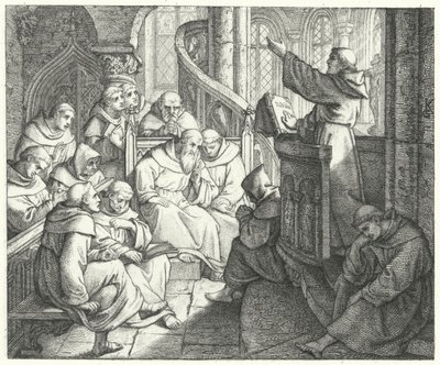 Maarten Luther preekt voor Johann von Staupitz en de andere monniken in het klooster (gravure) door Gustav Ferdinand Leopold Konig