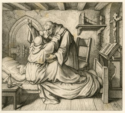Martin Luther ontvangt troost van een oude monnik, omdat hij uitgeput was door lichaam en geest door Gustav Ferdinand Leopold Konig