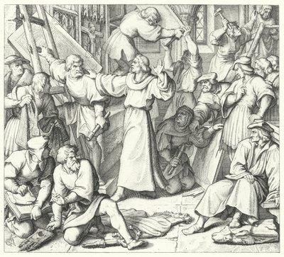 Maarten Luther weerhoudt de beeldenstormers in Wittenberg (gravure) door Gustav Ferdinand Leopold Konig