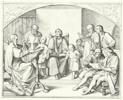 Maarten Luther zingt met een kerkkoor (gravure) door Gustav Ferdinand Leopold Konig