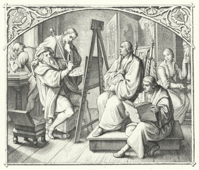 Maarten Luther zit voor een schilderij door Lucas Cranach de Oude (gravure) door Gustav Ferdinand Leopold Konig