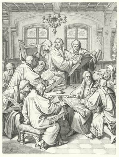 Maarten Luther vertaalt de bijbel in het Duits (gravure) door Gustav Ferdinand Leopold Konig