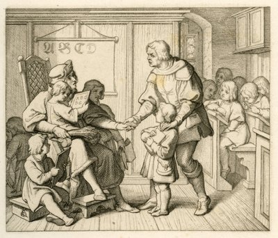 Maarten Luthers inschrijving op school in Mansfeld, in deze illustratie samen met zijn vader Hans door Gustav Ferdinand Leopold Konig