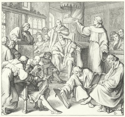 Het debat van Leipzig, Andreas Karlstadt, Johann Eck en Maarten Luther, 1519 door Gustav Ferdinand Leopold Konig