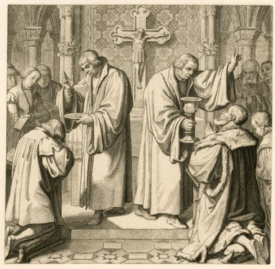 De communie, Luther geeft aan de keurvorst Johann Friedrich (Jean Frederic I van Saksen) door Gustav Ferdinand Leopold Konig