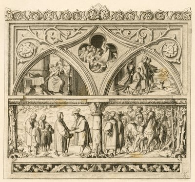 De reis van Maarten Luther naar graaf Mansfeld (Hoyer VI van Mansfeld-Vorderort (1477-1540); afbeelding linksboven: de verdrietige Katharina, in het midden: de woedende Saale-rivier, rechts: Luther samen met zijn zonen. afbeelding onder: Luther en graaf door Gustav Ferdinand Leopold Konig