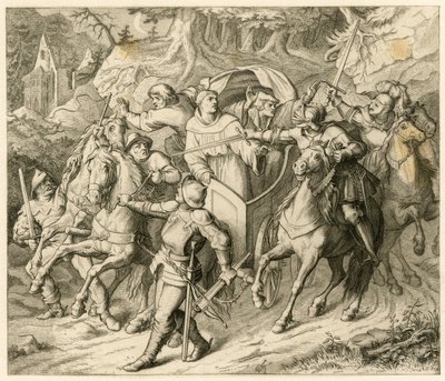 De ontvoering van Maarten Luther op zijn terugreis - 1521 - door Hauptmann von Berlepsch en Burkhard Hund, vanwege de pauselijke ban en de rijksban van de keizer door Gustav Ferdinand Leopold Konig