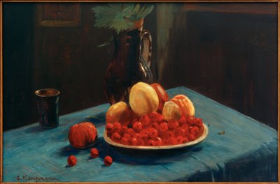 Fruitstilleven op blauwe tafelkleed door Gustav Kampmann