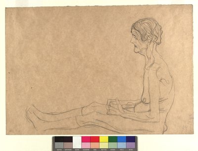 Naaktstudie van een zittende oude vrouw door Gustav Klimt