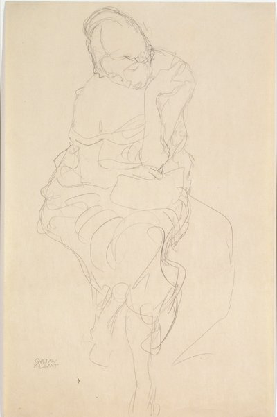 Zittend op een kruk van voren door Gustav Klimt