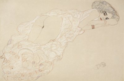 Liggende Naakt op haar Buik en naar Rechts Kijken door Gustav Klimt
