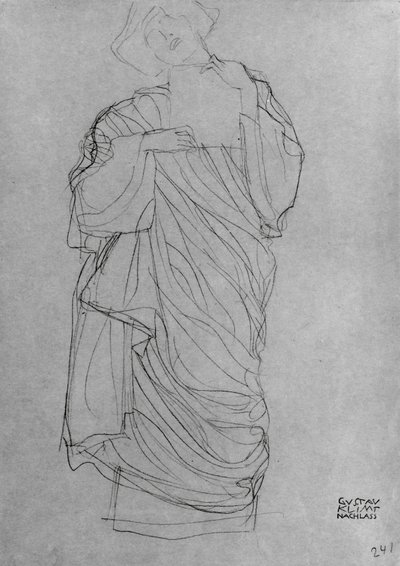 Geklede Staande Vrouw die een Kaart Vasthoudt door Gustav Klimt