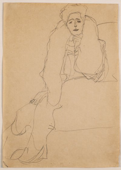 Zittend naar links, het bovenlichaam voorovergebogen; Sitzend nach links, den Oberkorper nach vorne, die Linke aufgestutzt, 1904-1905 door Gustav Klimt