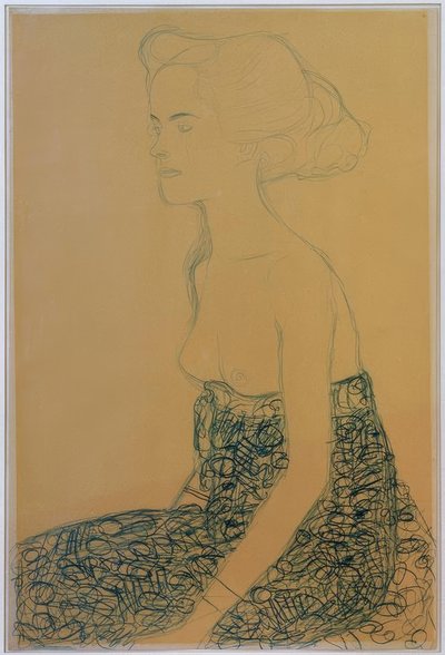 Zittende halfnaakte naar links door Gustav Klimt